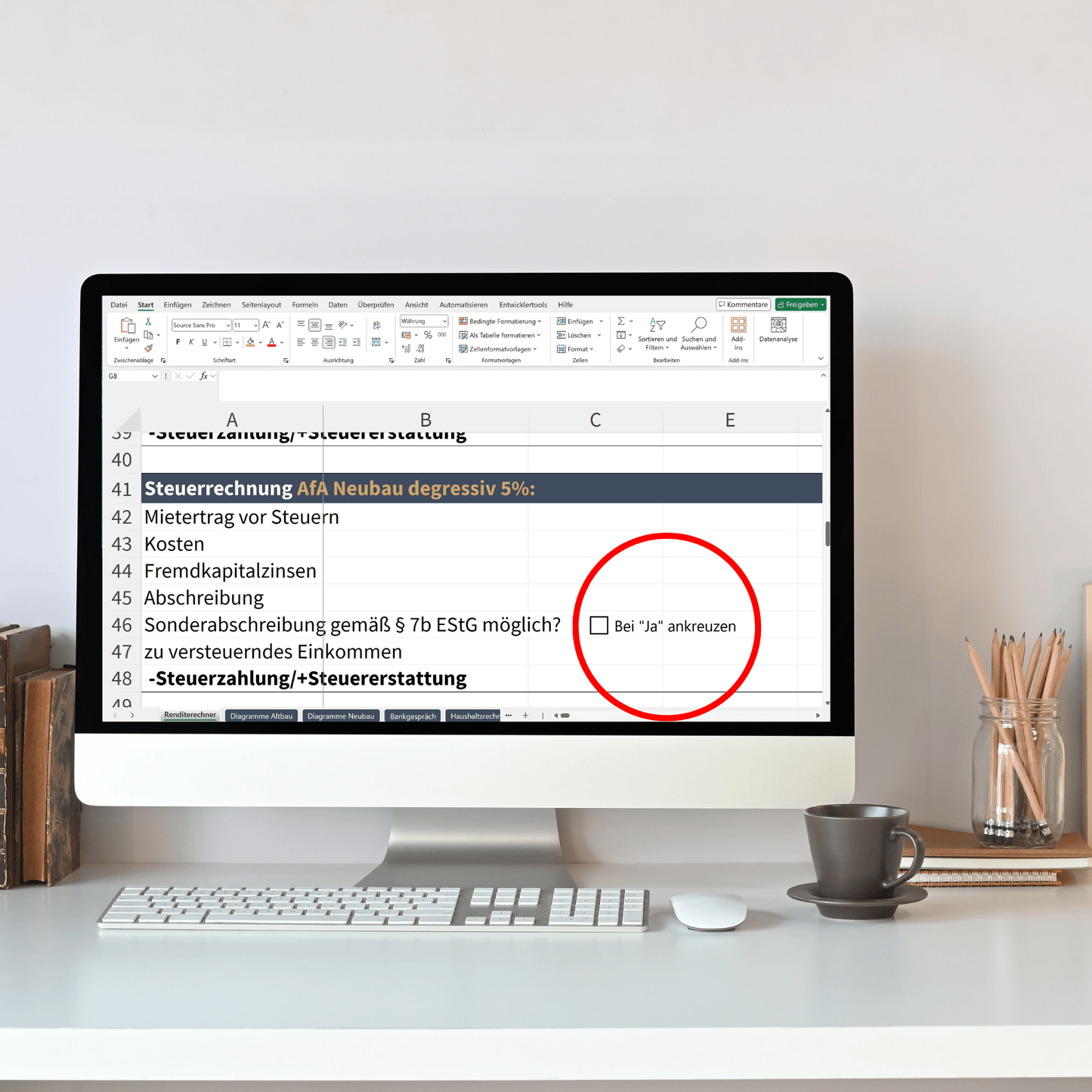 Beispielrechnung in Excel zur Kalkulation von Rendite, Finanzierung und Steuern bei Immobilieninvestitionen.