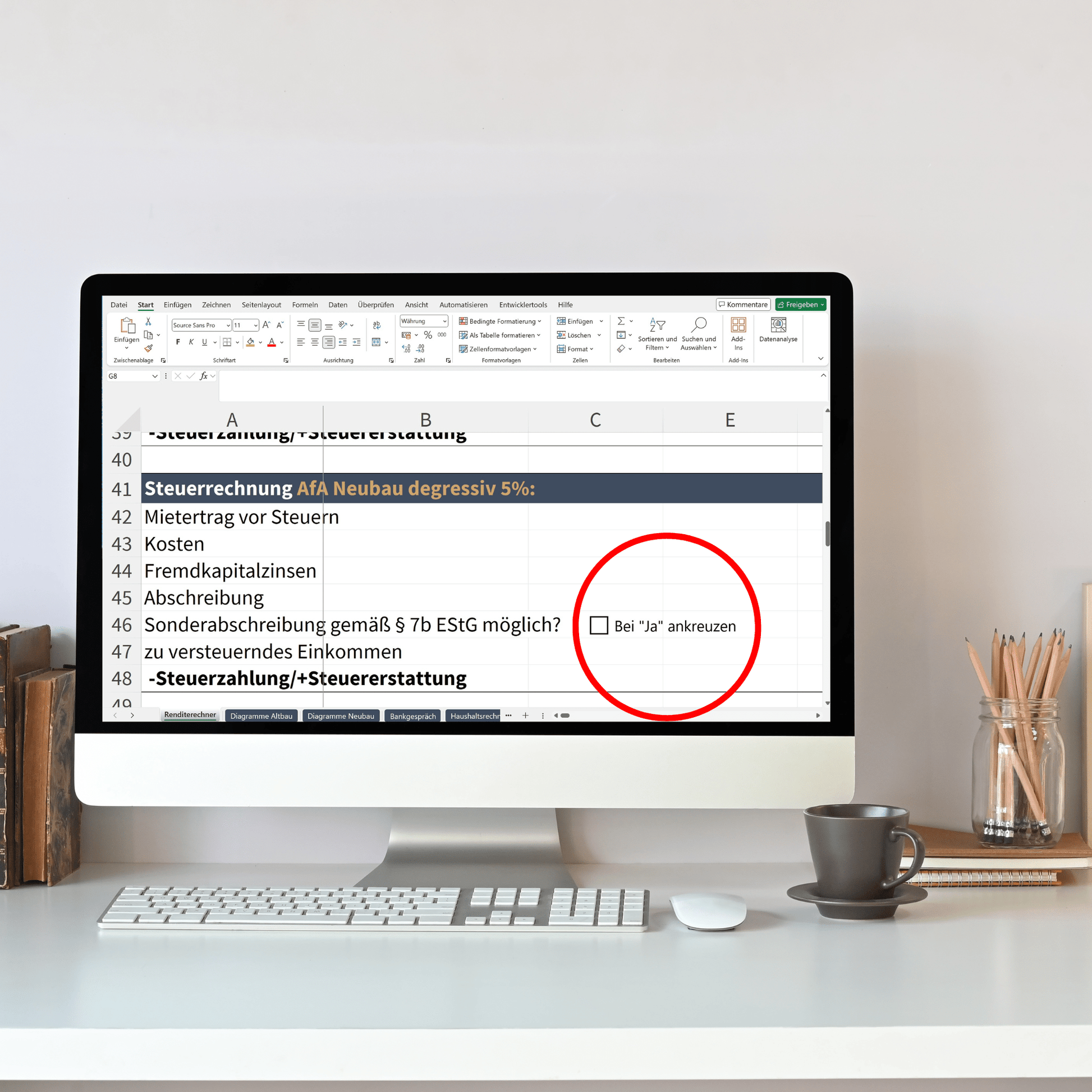 Beispielrechnung in Excel zur Kalkulation von Rendite, Finanzierung und Steuern bei Immobilieninvestitionen.