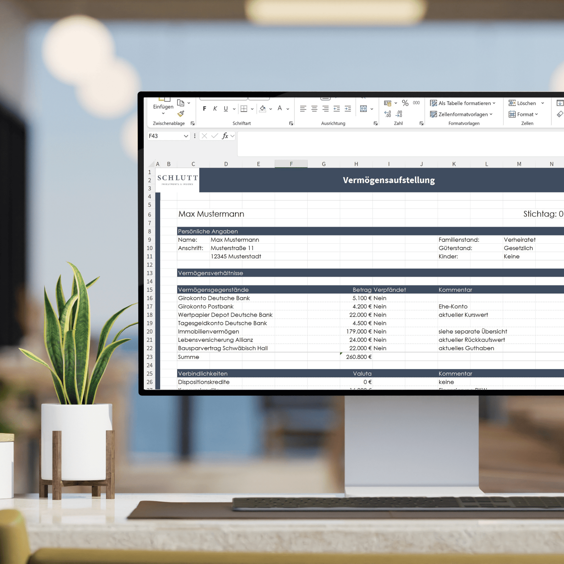 Beispielrechnung in Excel zur Kalkulation von Rendite, Finanzierung und Steuern bei Immobilieninvestitionen.