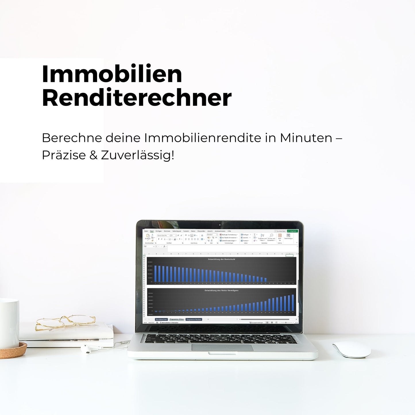 Excel-Tool zur Finanzbilanz 360° mit detaillierter Übersicht über Vermögenswerte, Verbindlichkeiten, Einnahmen und Ausgaben für Immobilieninvestoren.