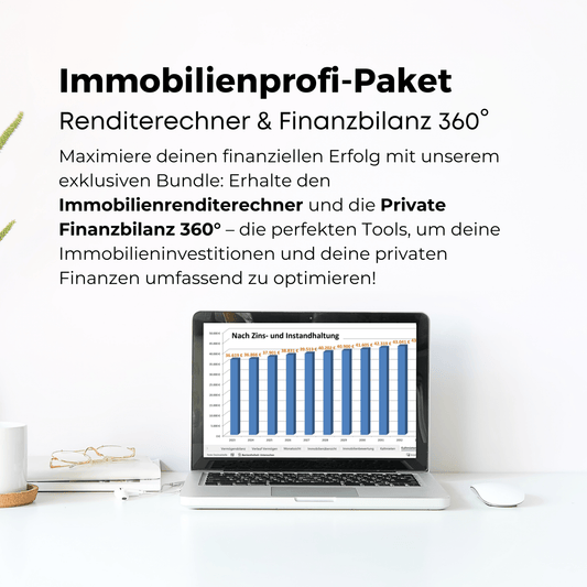 Ein Laptop auf einem Schreibtisch zeigt eine Finanzgrafik zur Entwicklung von Zins- und Instandhaltungskosten. Darüber steht die Überschrift ‘Immobilienprofi-Paket: Renditerechner & Finanzbilanz 360°’. Das Bild bewirbt ein exklusives Bundle, bestehend aus dem Immobilienrenditerechner und der privaten Finanzbilanz 360°, zur Optimierung von Immobilieninvestitionen und privaten Finanzen.