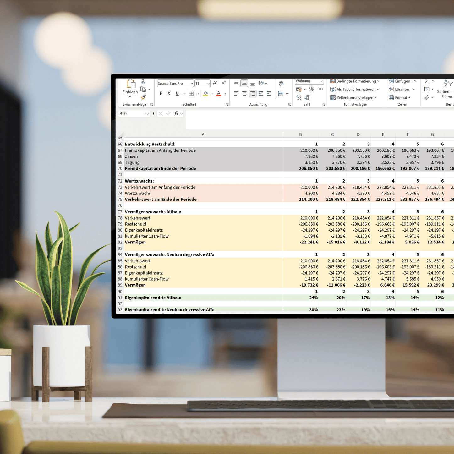 Ein Computerbildschirm zeigt eine umfangreiche Excel-Tabelle mit detaillierten Berechnungen zur Entwicklung der Restschuld, dem Vermögenszuwachs und der Eigenkapitalrendite für Immobilieninvestitionen. Verschiedene farblich markierte Abschnitte heben die unterschiedlichen finanziellen Parameter hervor. Im Vordergrund steht eine Zimmerpflanze, während der Hintergrund eines modernen Büros leicht unscharf ist.